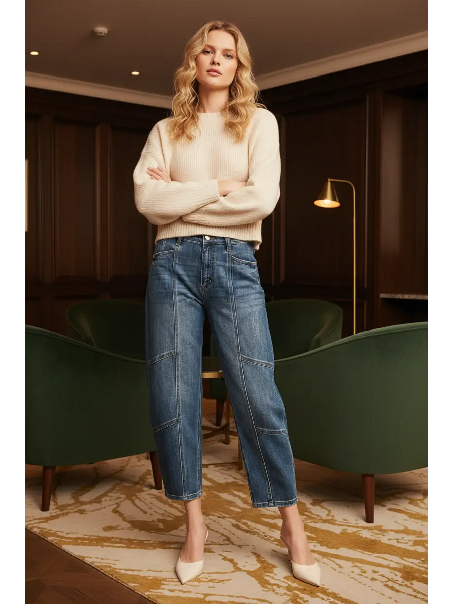 Barrel jeans styling guide: medium-wash curved-leg jeans