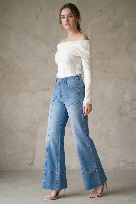 Woman wearing medium stone wash high waisted slim palazzo jeans with raw hem and cut seam detail, Rosie Karma boutique