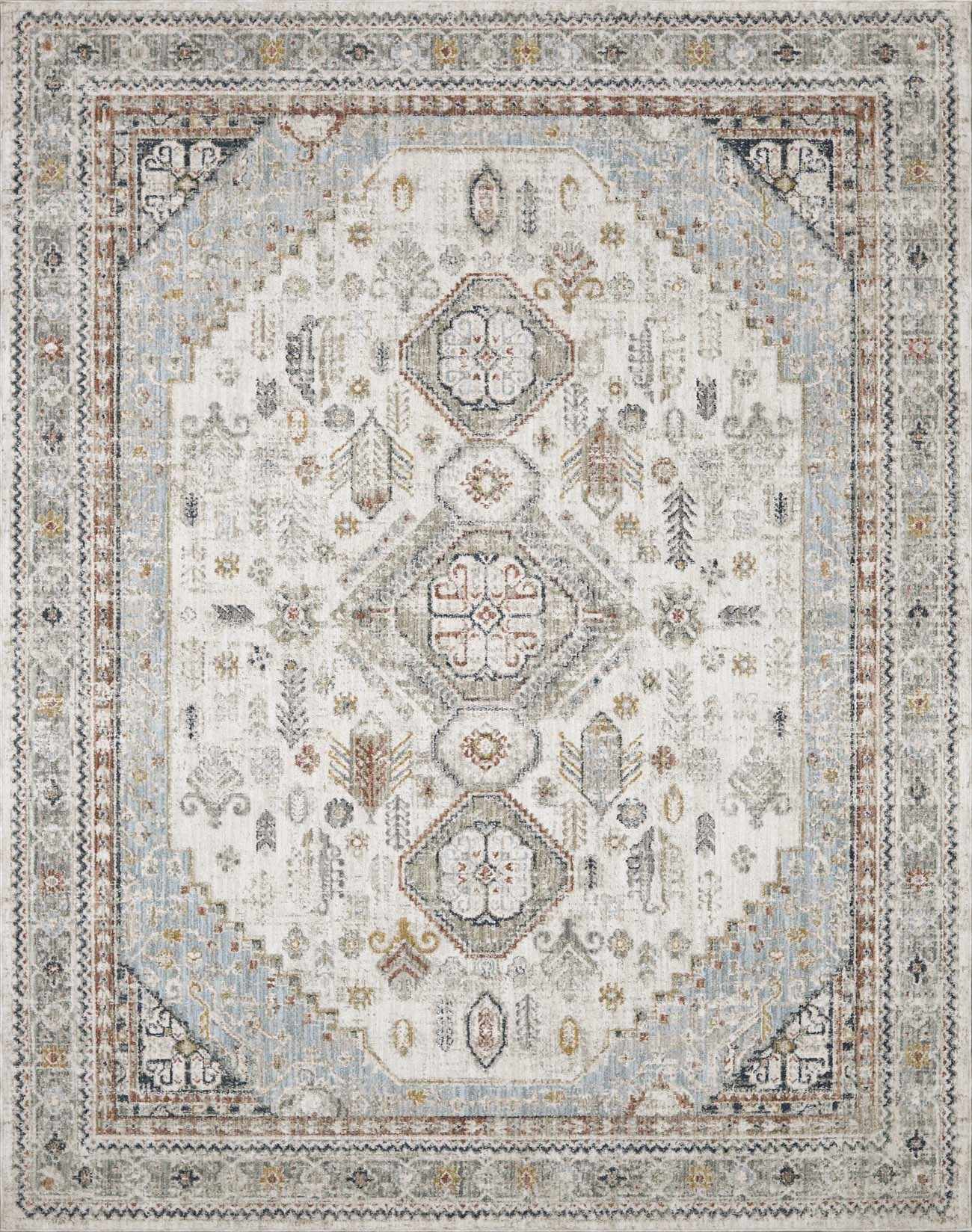 Close-up of a patterned rug with neutral colors