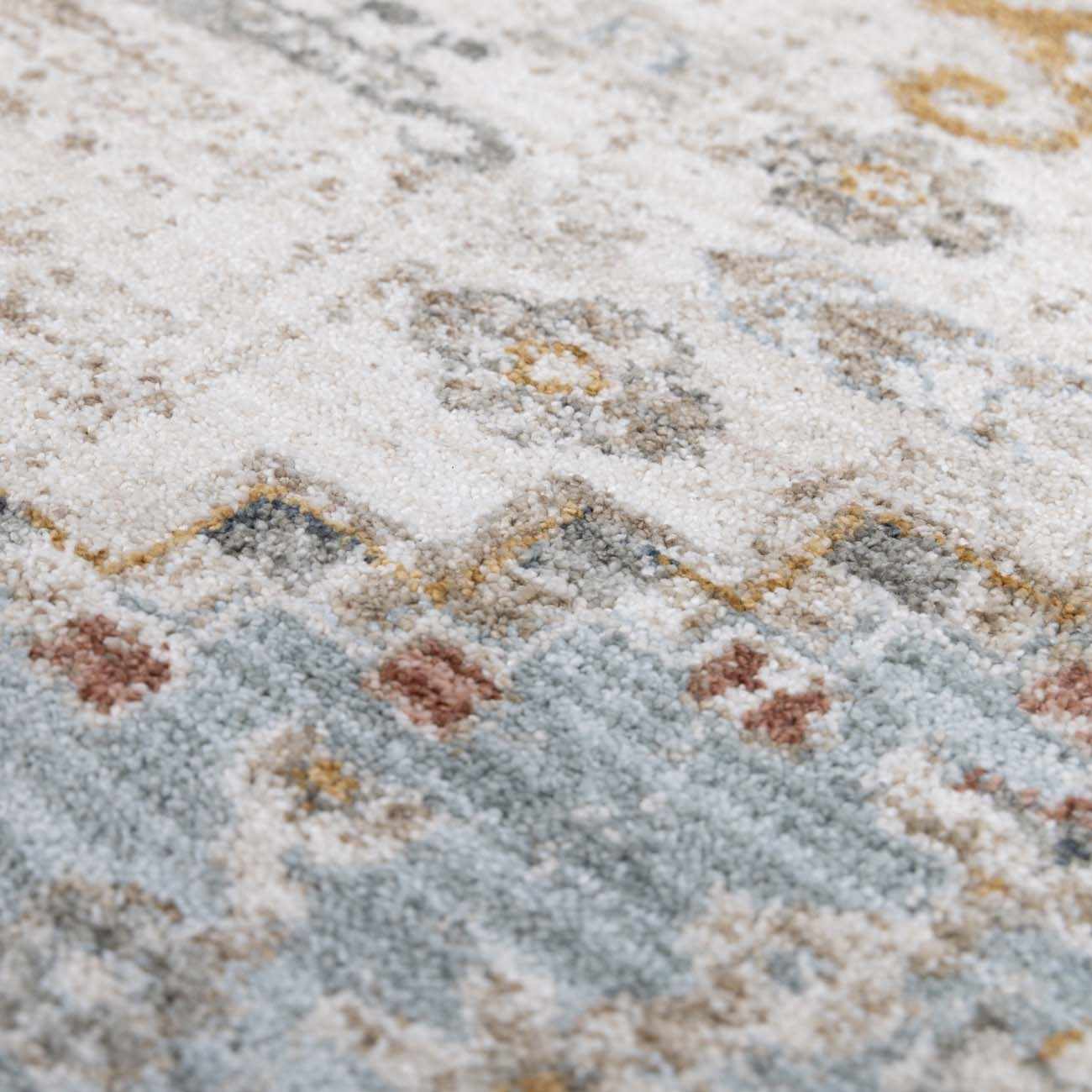 Close-up of a patterned rug with neutral colors