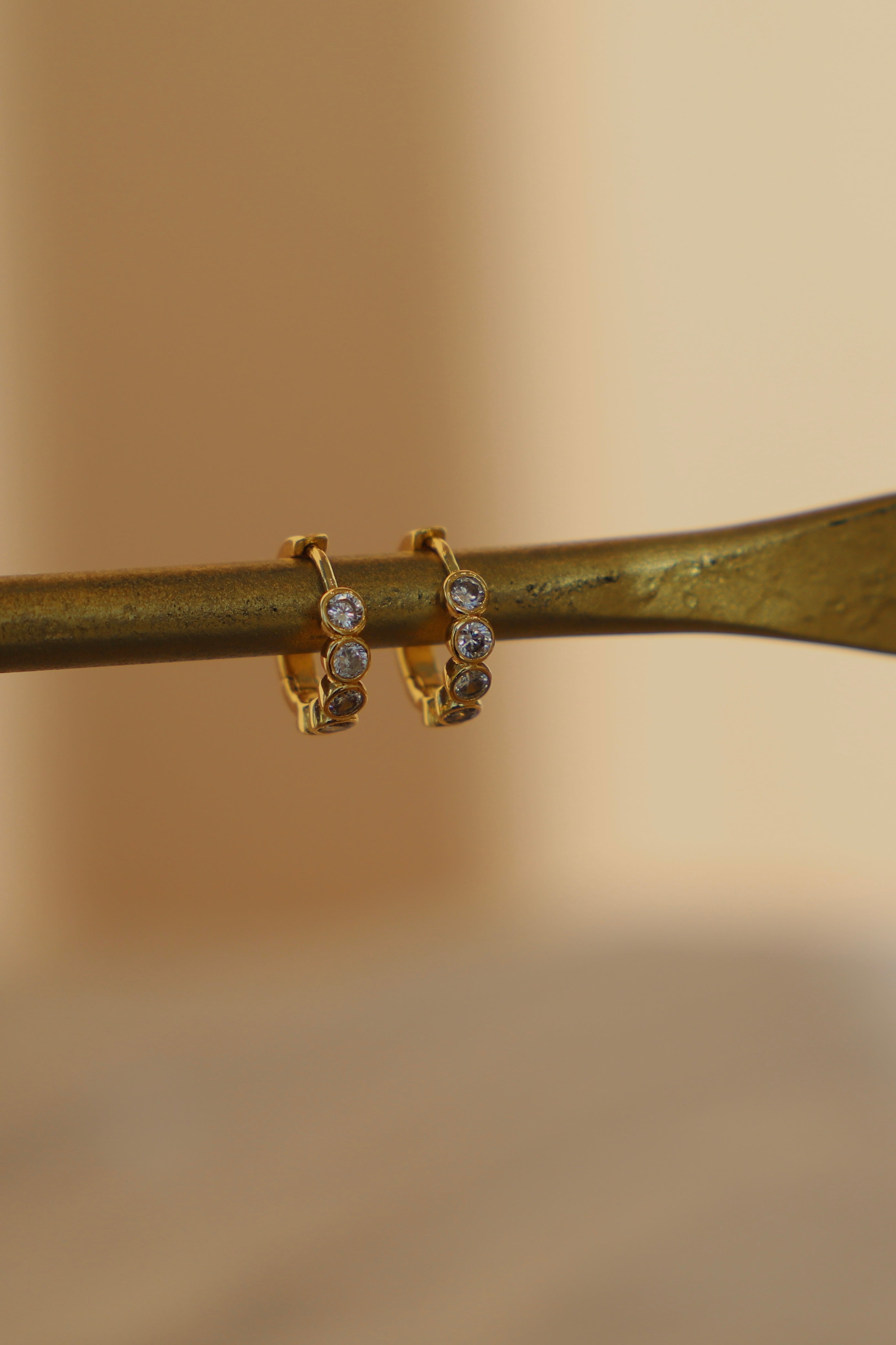 Gold hoop earrings with small stones on a branch against a beige background