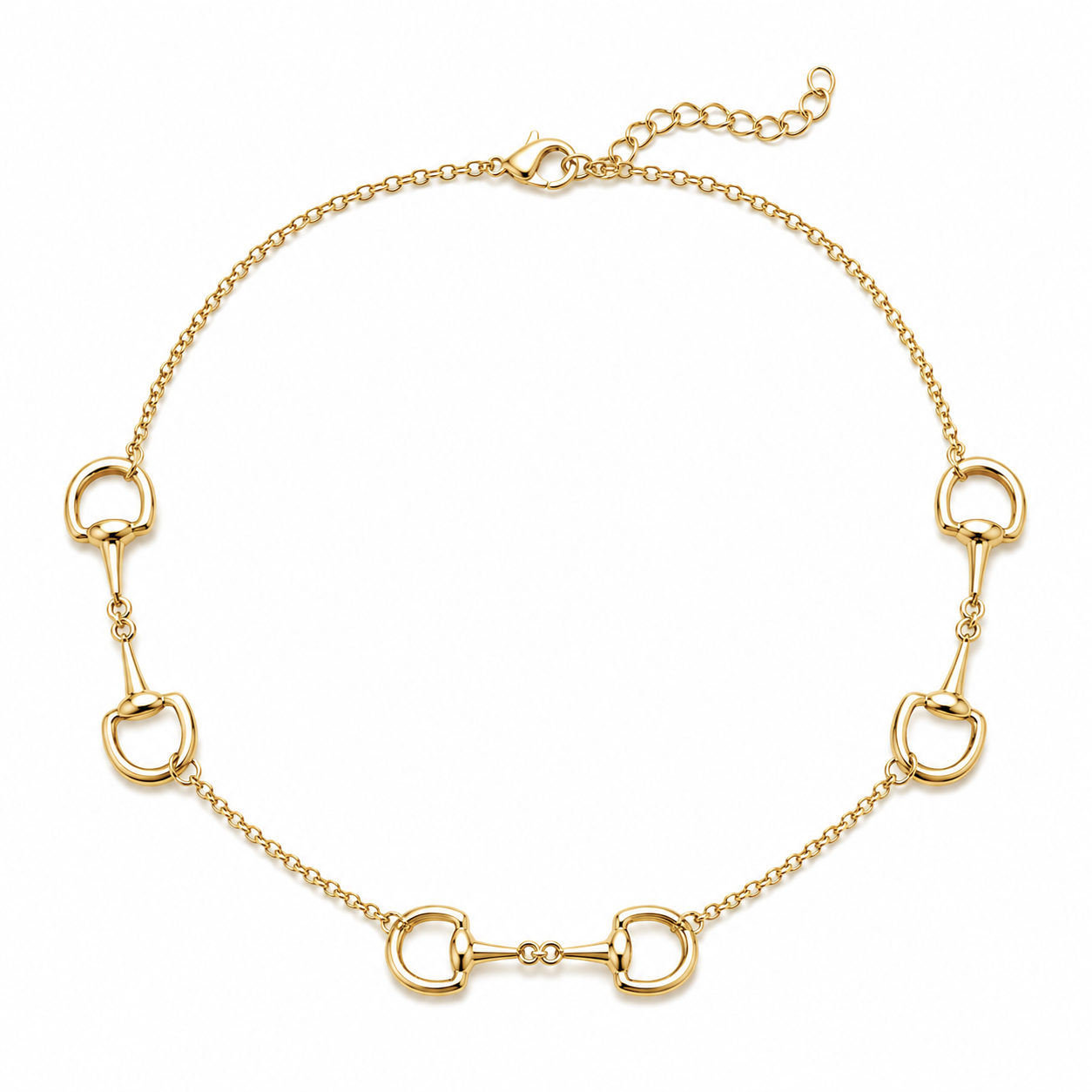 A gold horsebit chain necklace featuring five horsebit links spaced evenly along a delicate cable chain, with a lobster clasp closure at the top, shown on a plain white background.