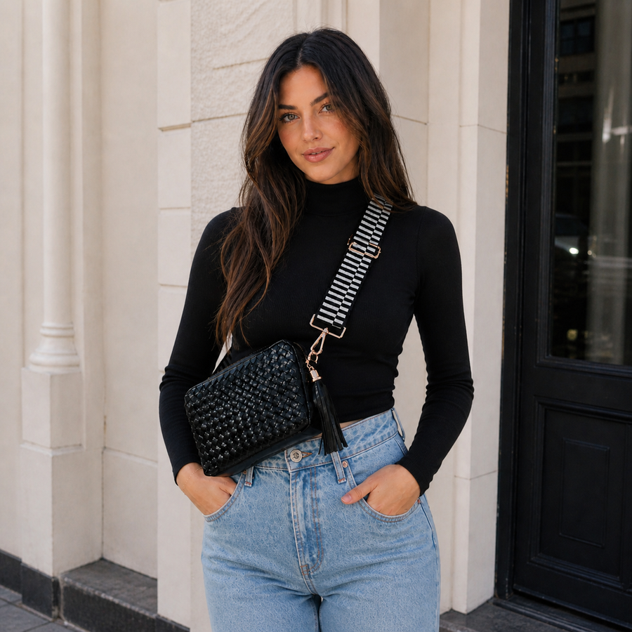 Woven Willow Camera Crossbody Bag – Vegan Leather Purse with 3 Sister Studs™ & Block Strap
