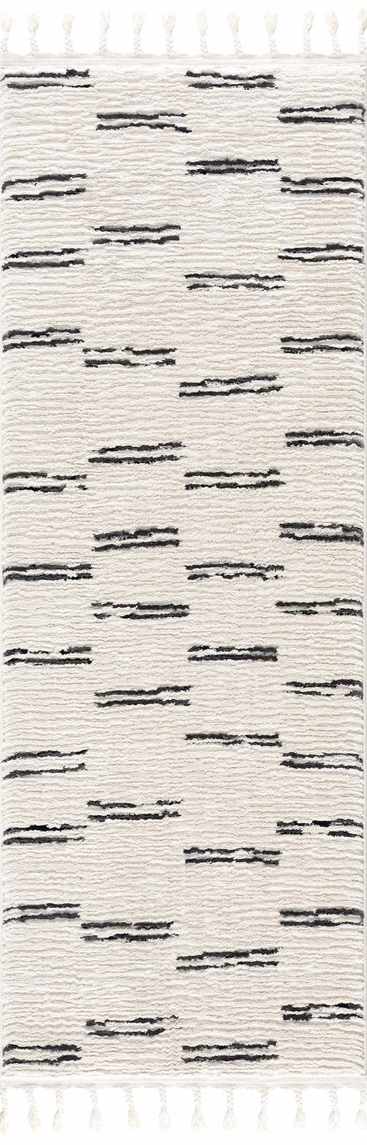 Textured area rug with black pattern on a white background