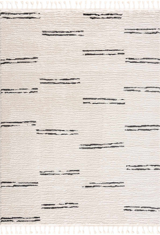Textured rug with black pattern on a white background