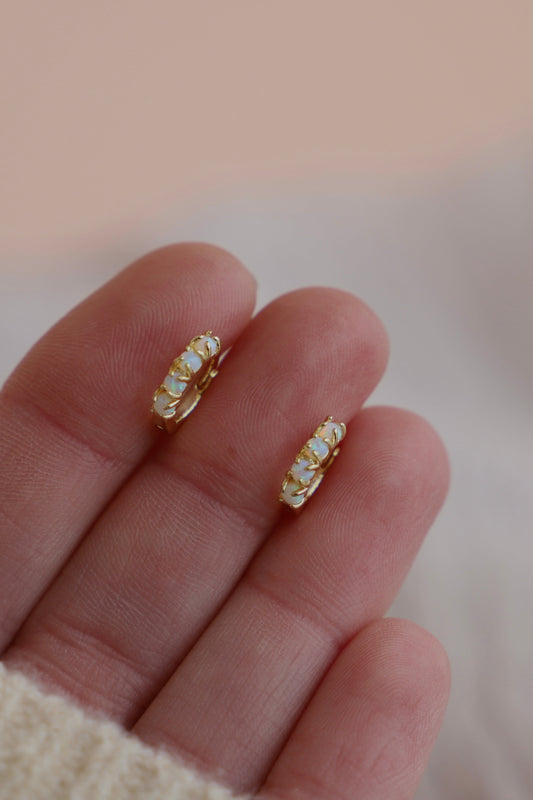 Gold hoop earrings with small stones on a hand against a blurred background