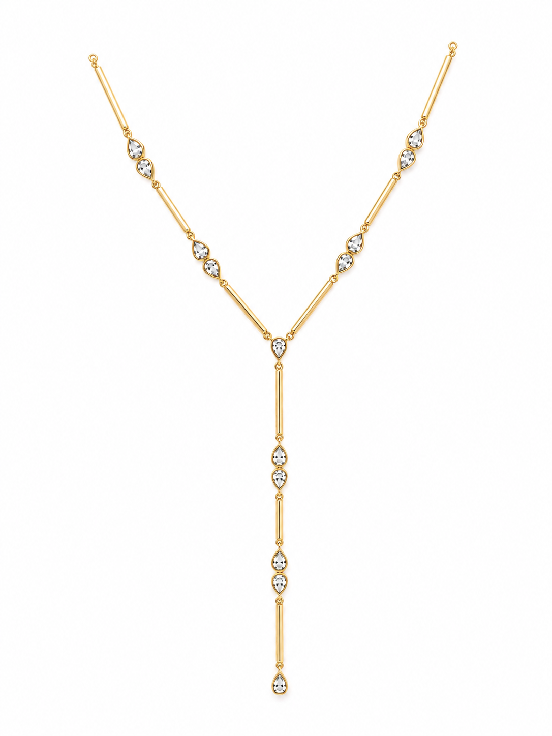 A gold Y-necklace featuring clear marquise-cut gemstones set along the chain and drape, displayed against a solid white background.