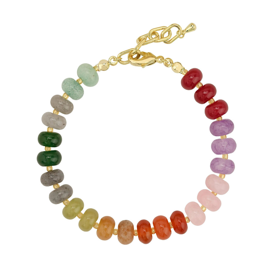 Multicolored beaded bracelet with gold clasp on a white background