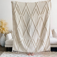 Close-up of textured shag diamond pattern on cotton blanket