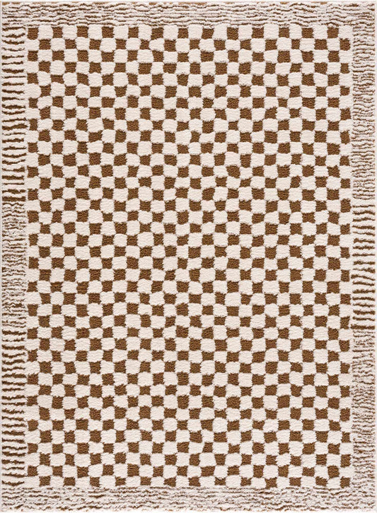 Checkered patterned rug with brown and beige squares