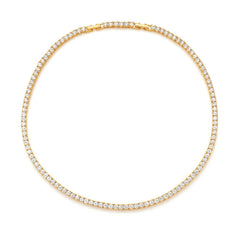 Gold necklace with clear stones on a white background