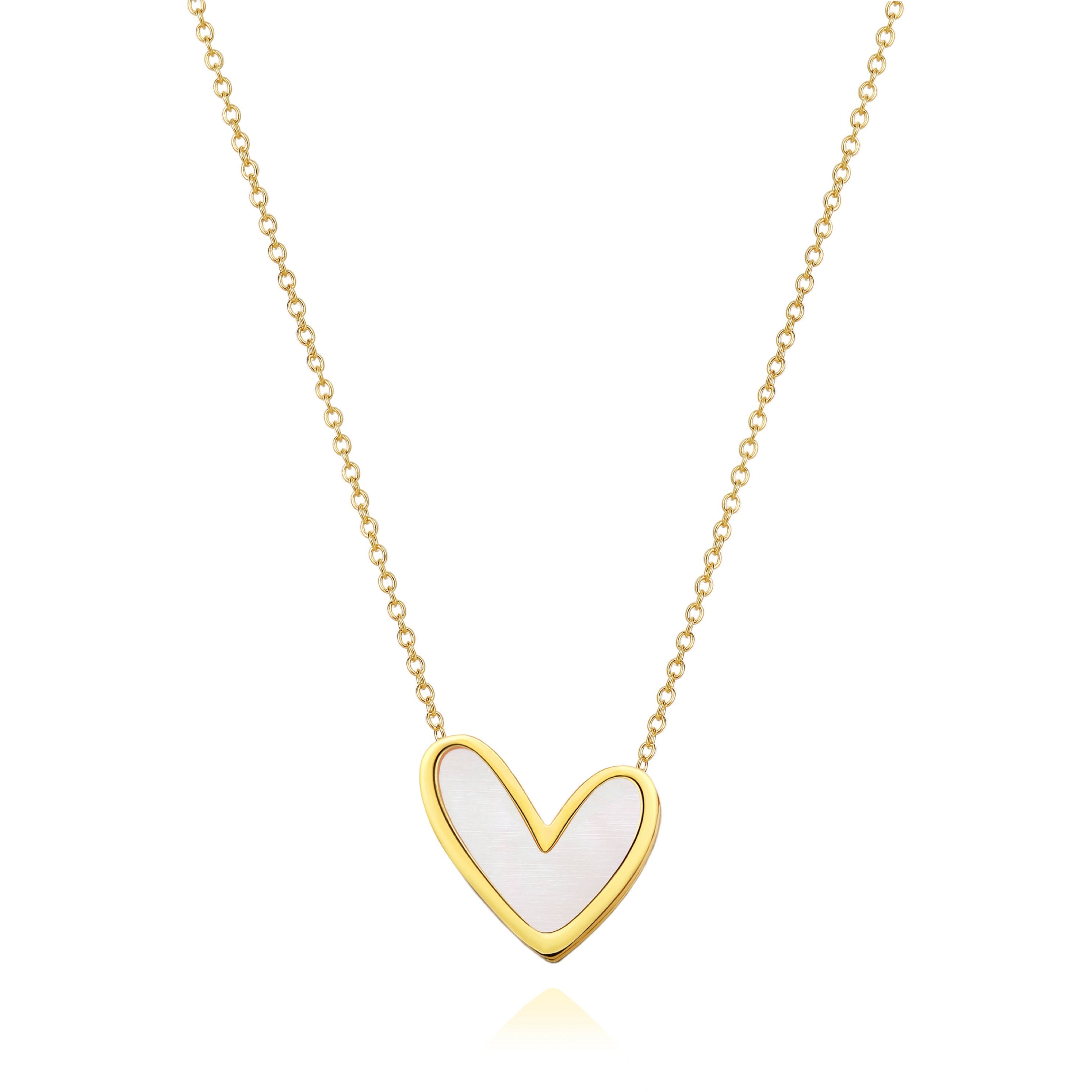 Gold necklace with a white heart-shaped pendant on a white background