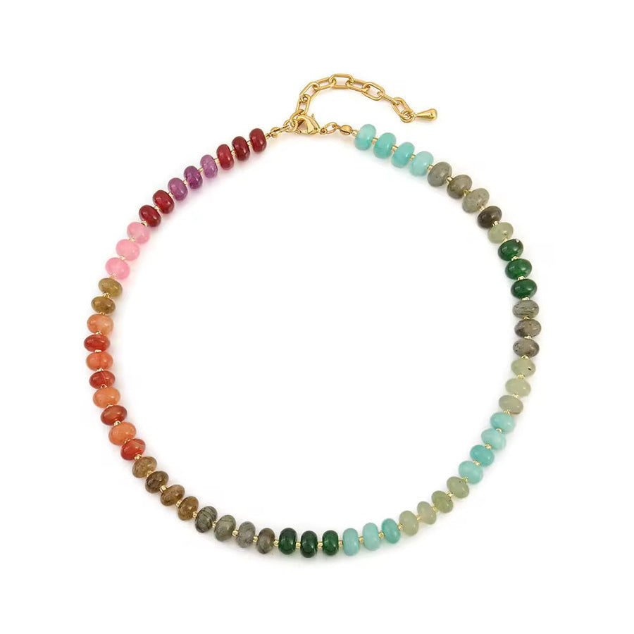 Multicolored beaded necklace on a white background
