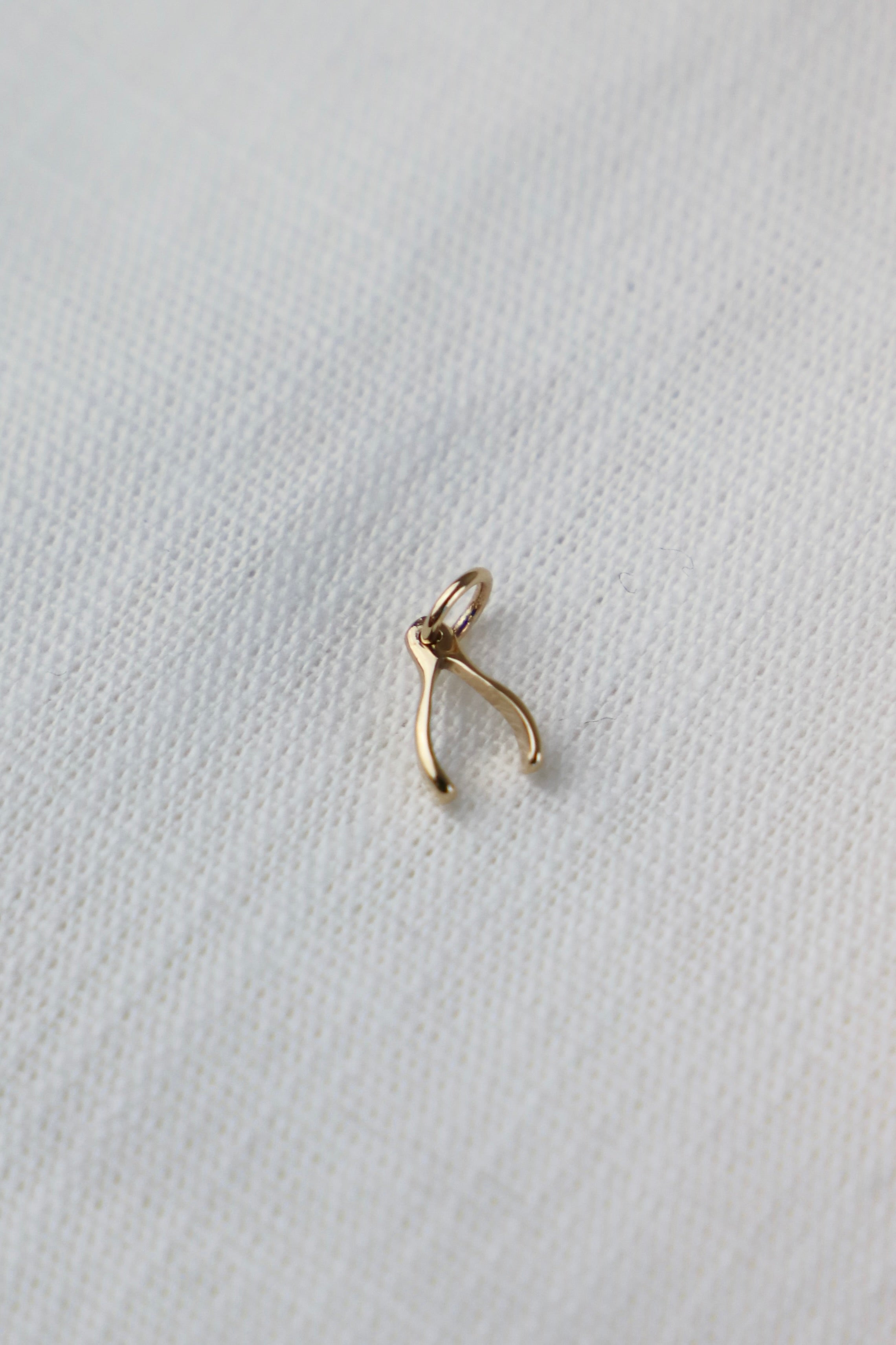 Gold wishbone pendant on a light gray fabric background