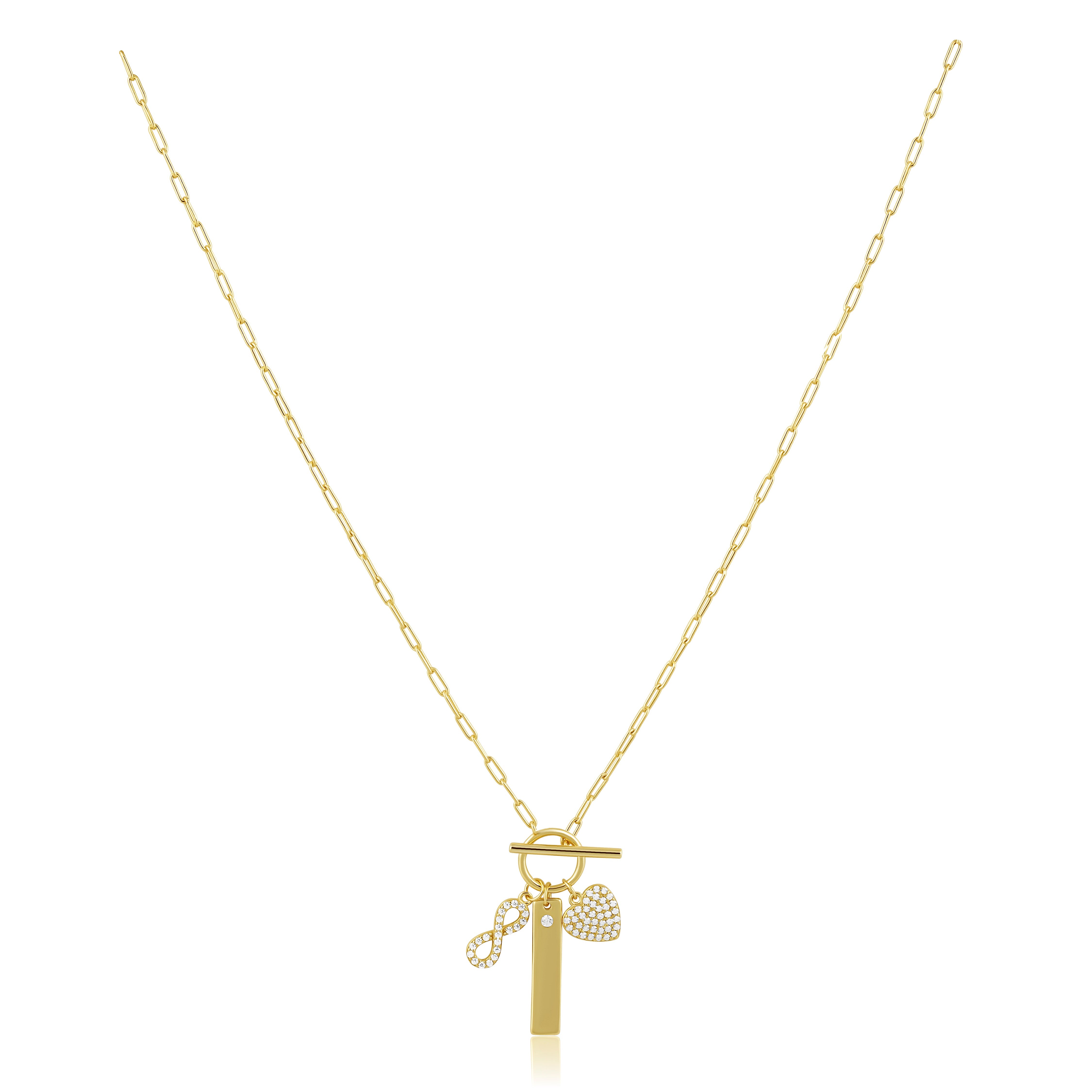 18k Gold-plated infinity love charm necklace with a pendant with cz stones on the heart and infinity charms