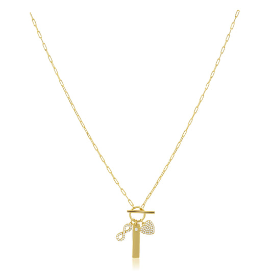 18k Gold-plated infinity love charm necklace with a pendant with cz stones on the heart and infinity charms