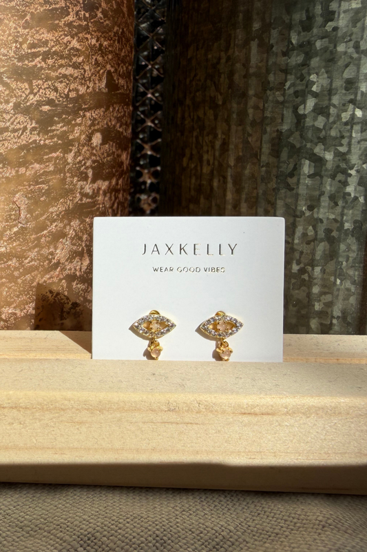JaxKelly evil eye drop rose quartz in gold being sold at rosie karma