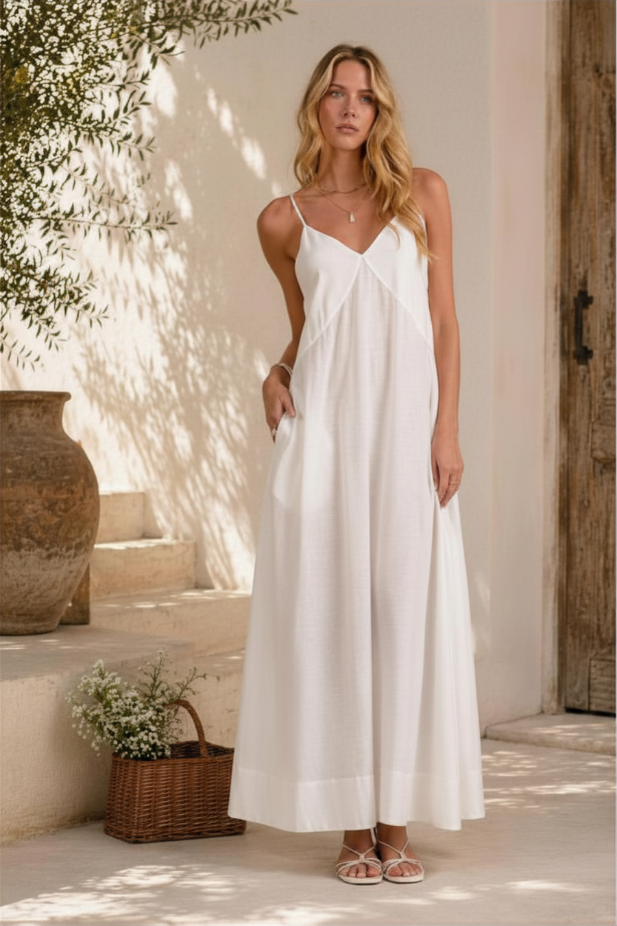 Woman in a white dress standing in a sunlit outdoor setting with a rustic vase and basket in the background.