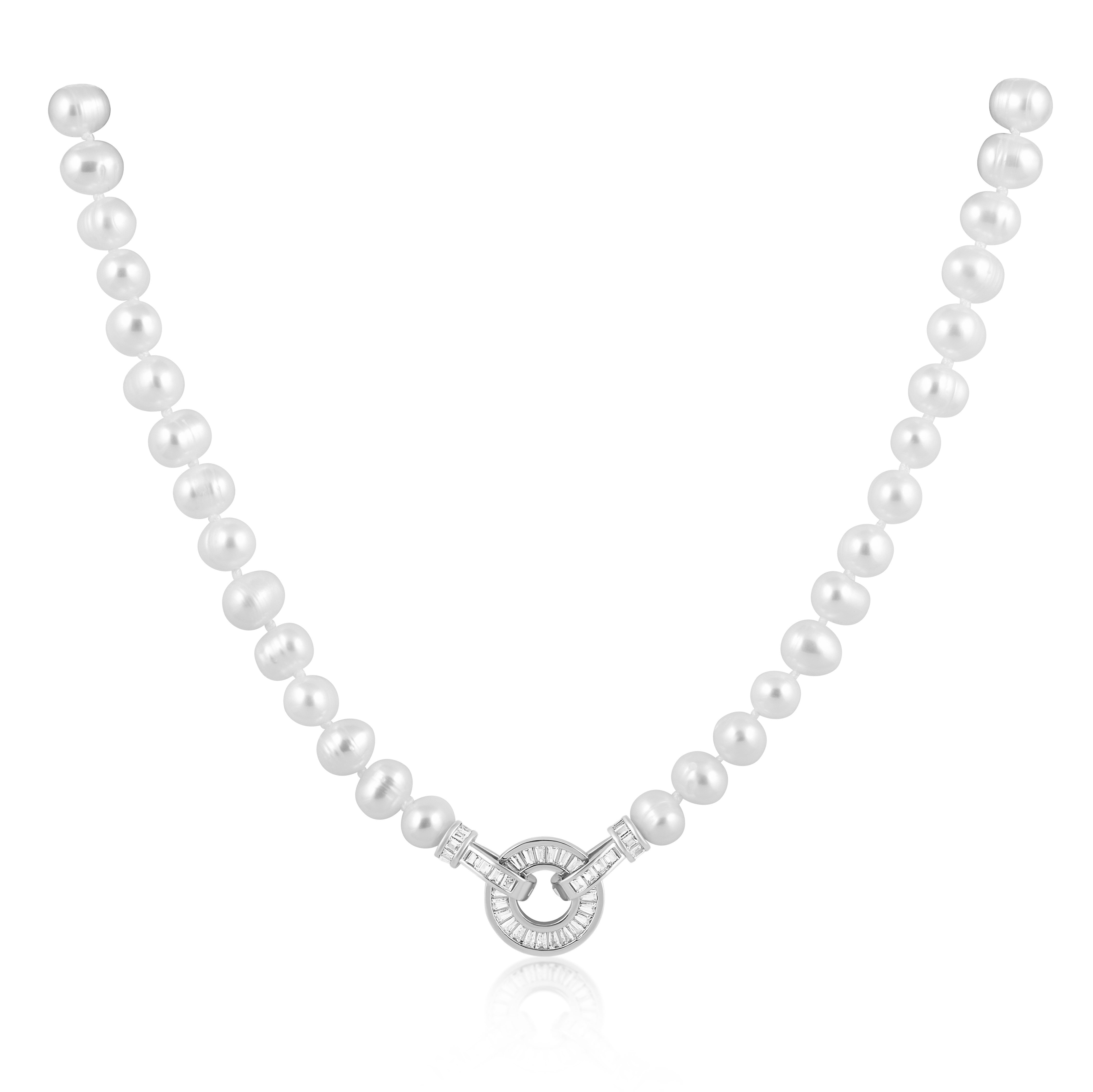 Pearl necklace with a silver clasp on a white background