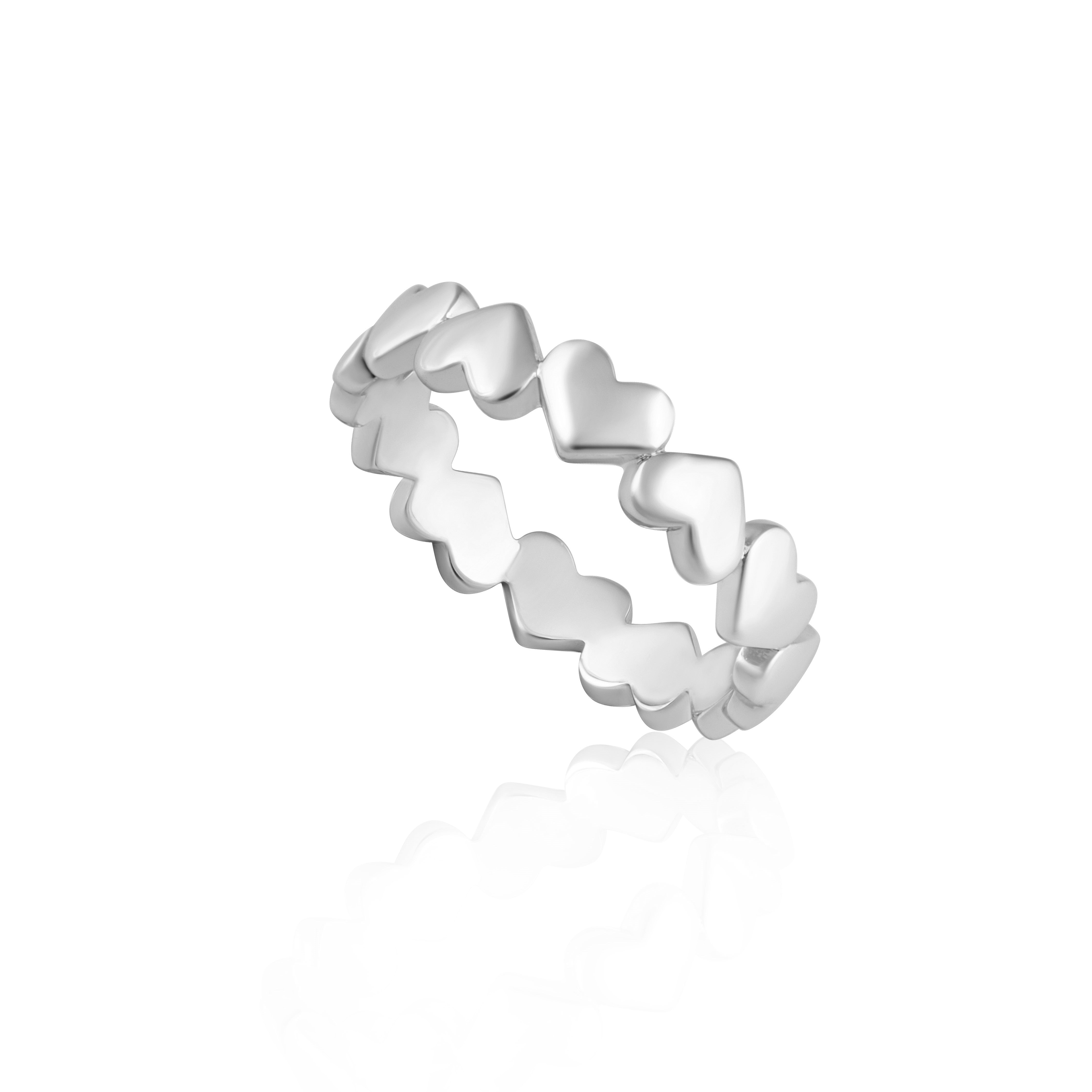 Silver ring with heart-shaped design on a white background
