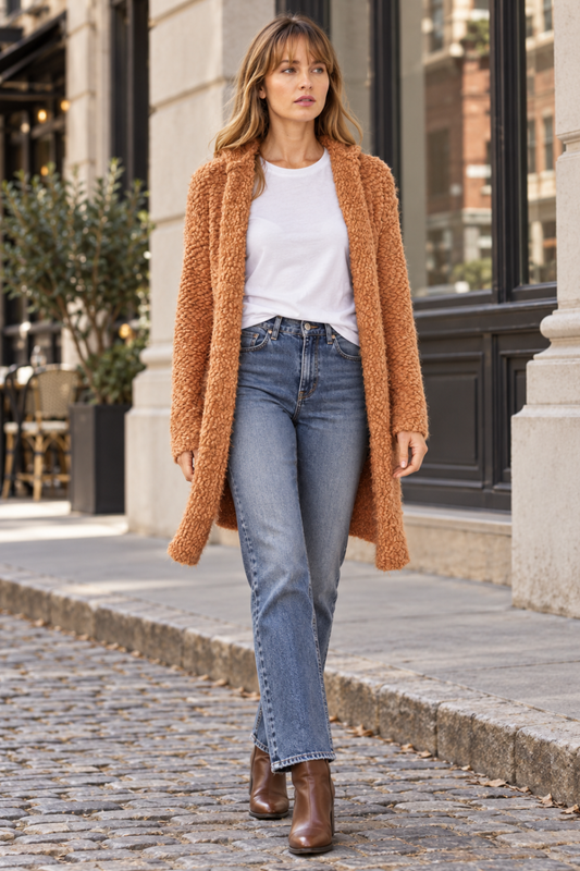A woman wearing the Lovestitch Hooded Cardigan with Pockets, a white tee and jeans