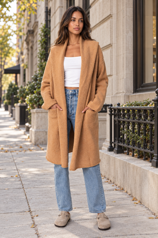 A woman wearing the Lovestitch Lennox Sweater Coat in Camel being sold at Rosie Karma