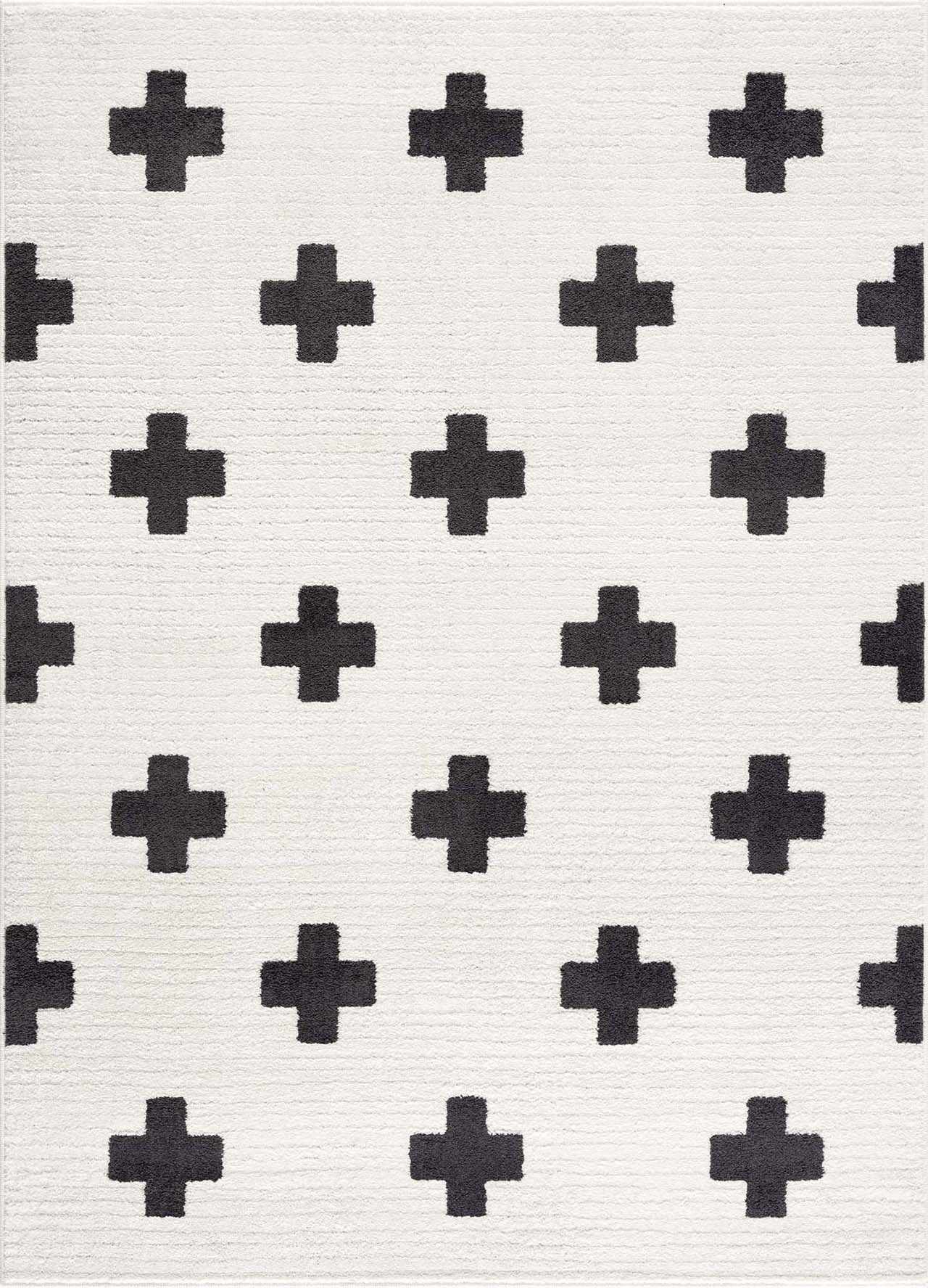 Patterned rug with black crosses on a white background