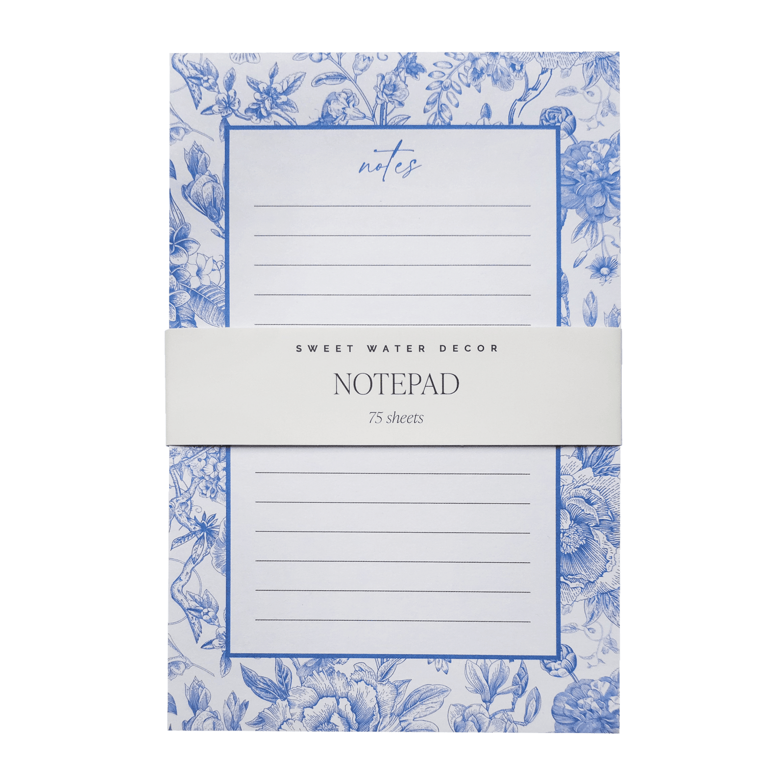 Notepad with blue floral design on a white background
