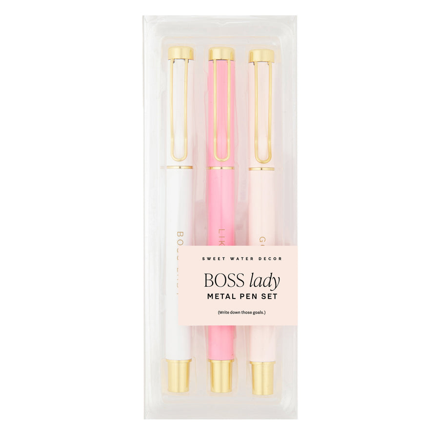 Packaged 'BOSS lady' metal pen set with pink and gold pens on a white background
