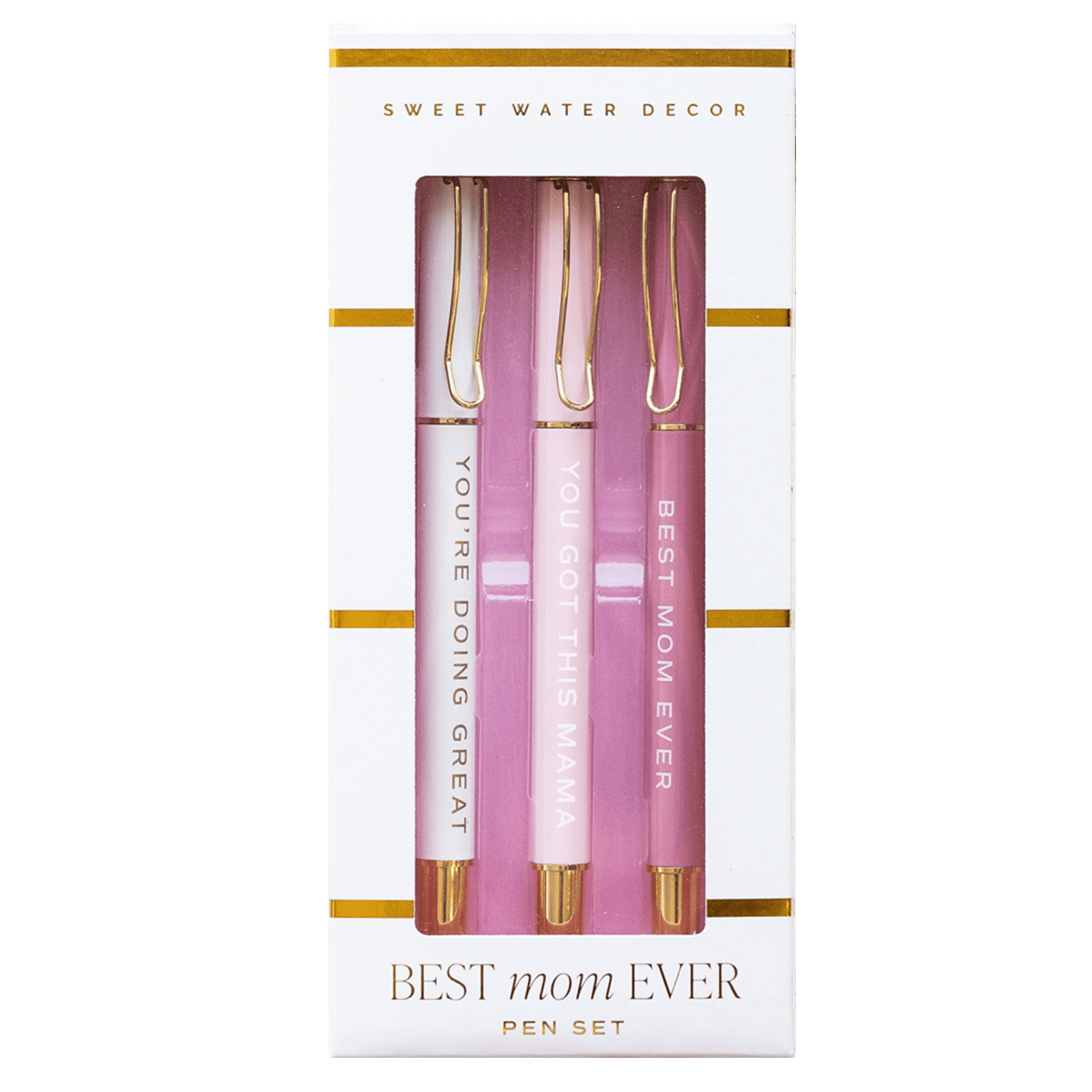 Pen set with 'Best Mom Ever' text in a decorative box by Sweet Water Decor.