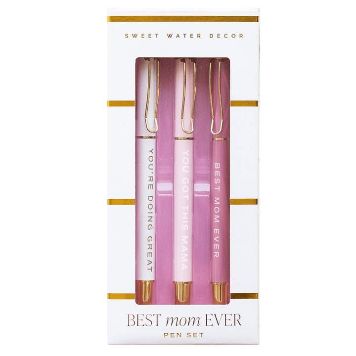 Pen set with 'Best Mom Ever' text in a decorative box by Sweet Water Decor.