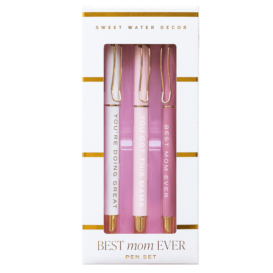 Pen set with 'Best Mom Ever' text in a decorative box by Sweet Water Decor.