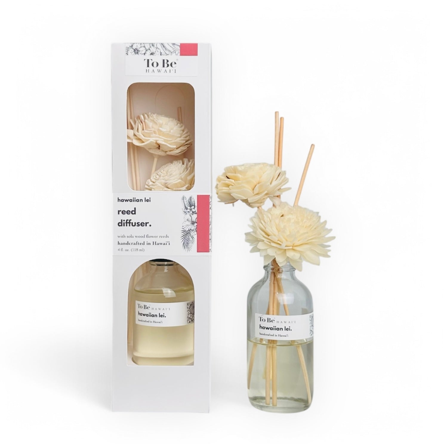 Reed diffuser with floral design and packaging on a white background