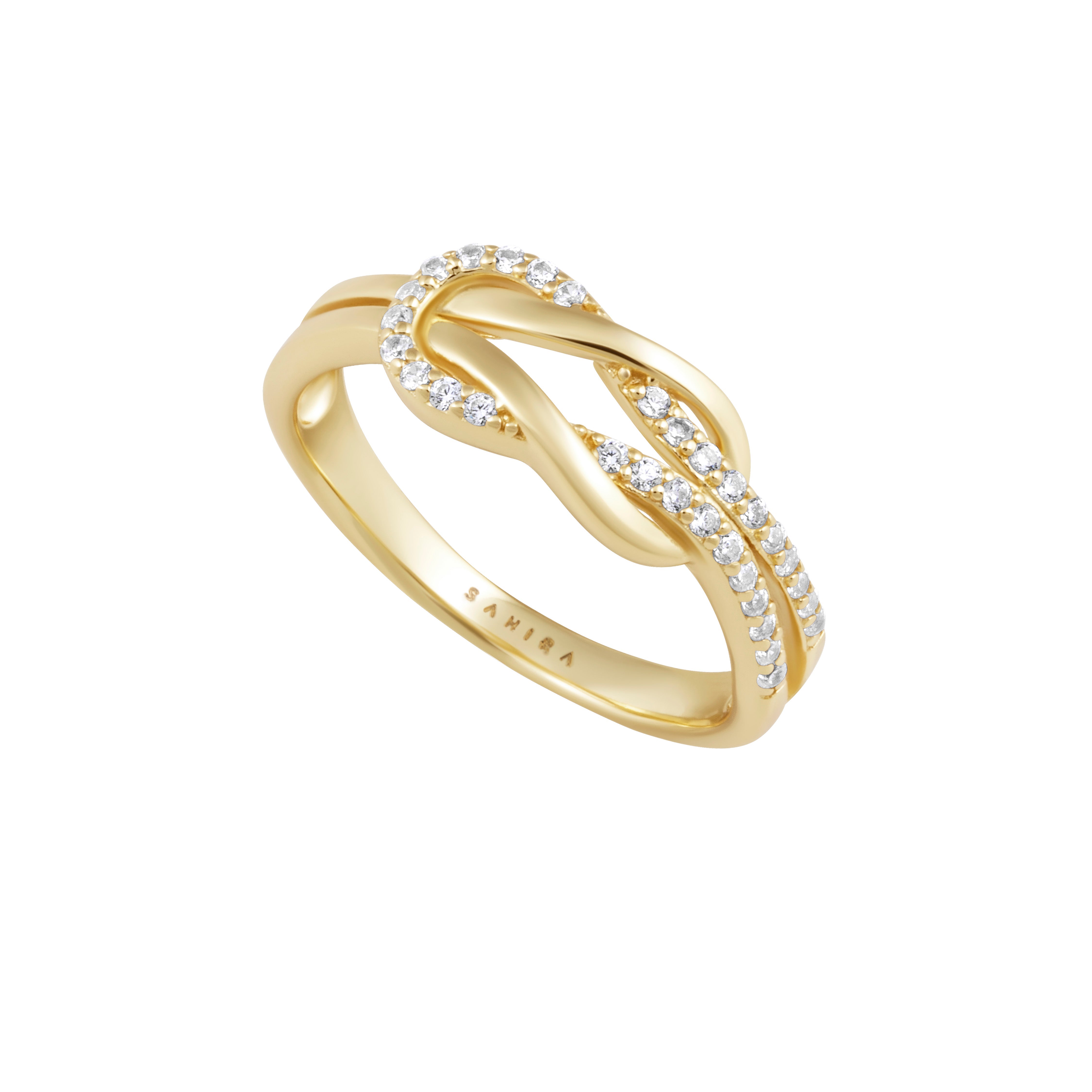 Gold ring with diamond accents on a white background