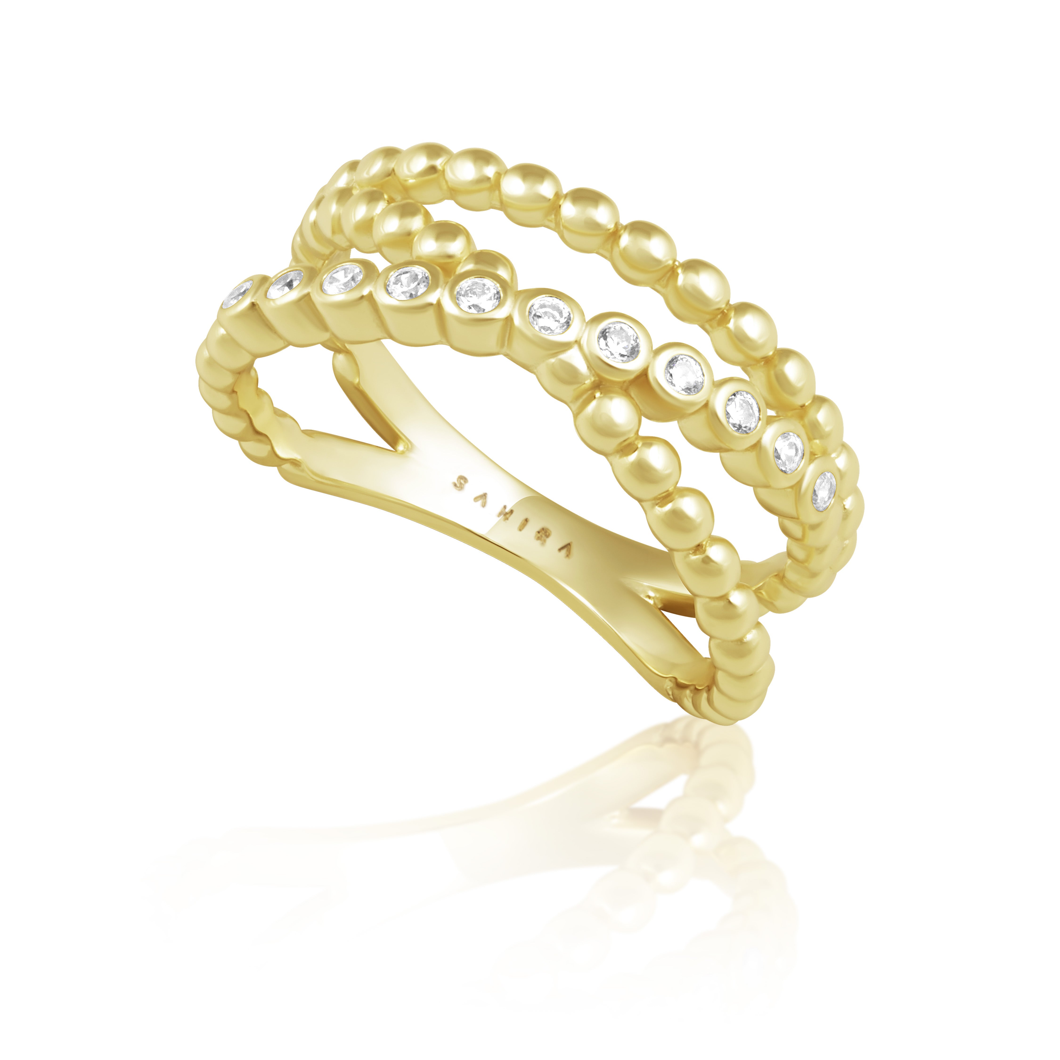 Gold ring with embedded diamonds on a white background
