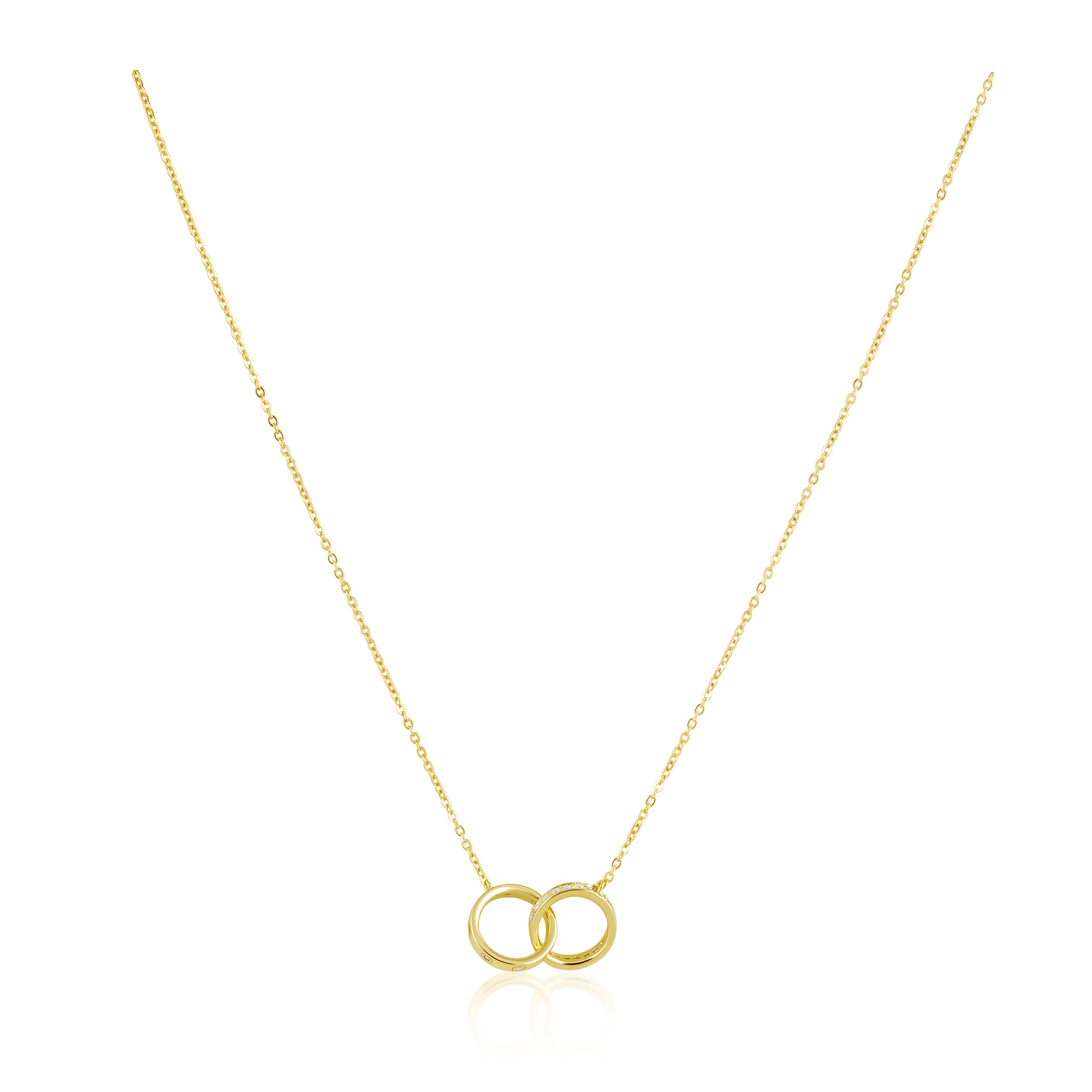 Gold necklace with interlocking rings on a white background