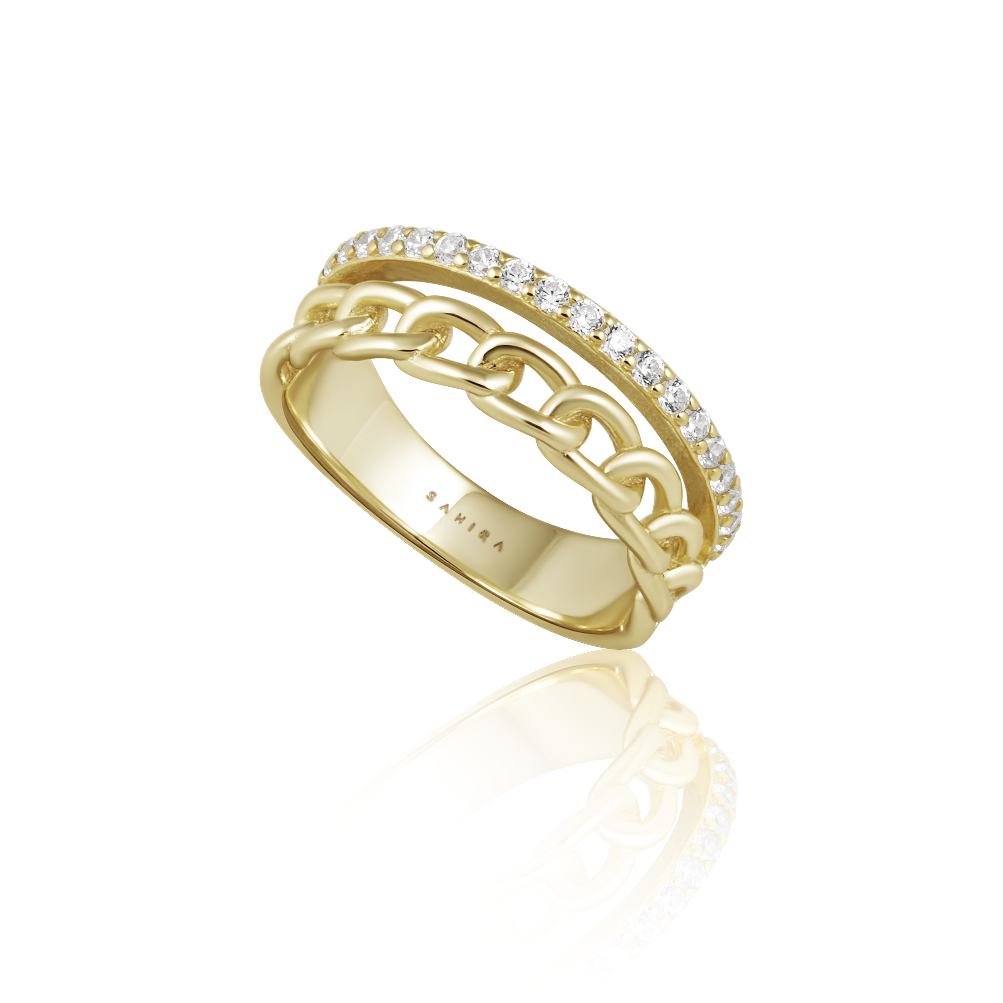 Gold ring with chain design and diamond accents on a white background