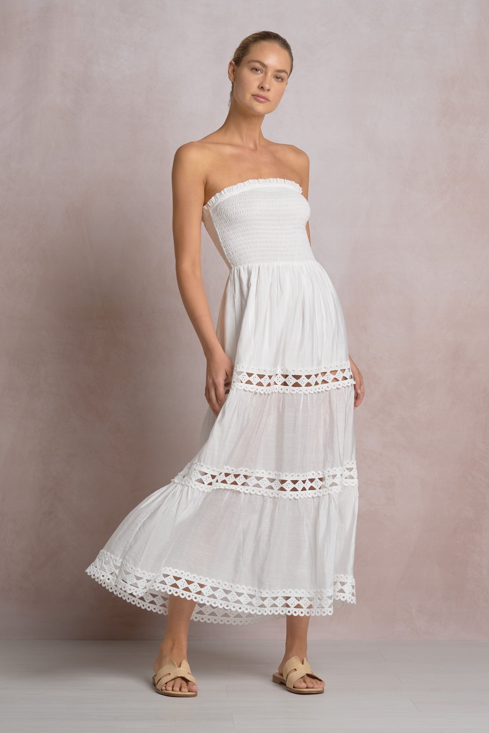 The Soli Strapless Eyelet Lace Tiered Midi Dress