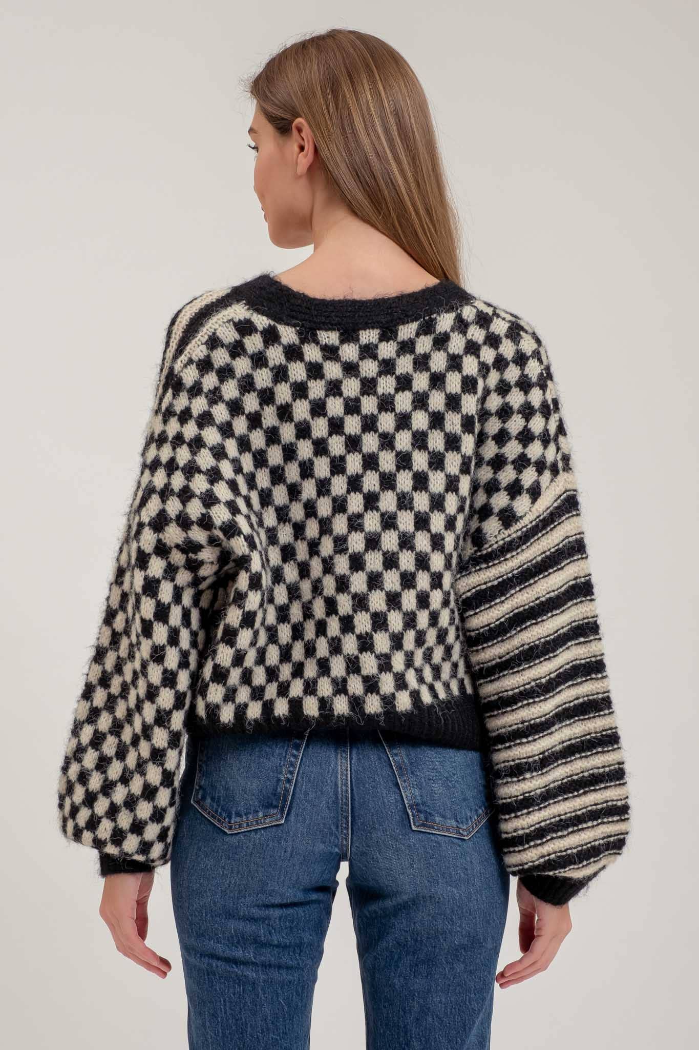Blu Pepper Stripe and Checkered Drop Shoulder Knit Cardigan - Rosie Karma