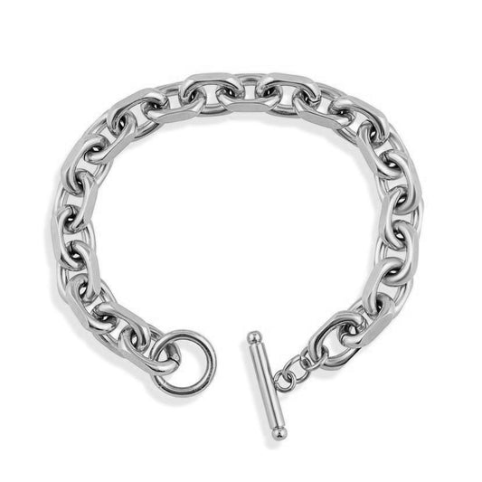 Silver chain bracelet with a clasp on a white background