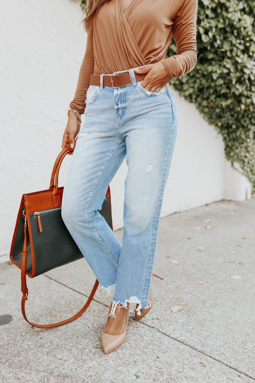 Angie Distressed Light Wash High Waist Straight Leg Jeans – Flying Monkey Denim