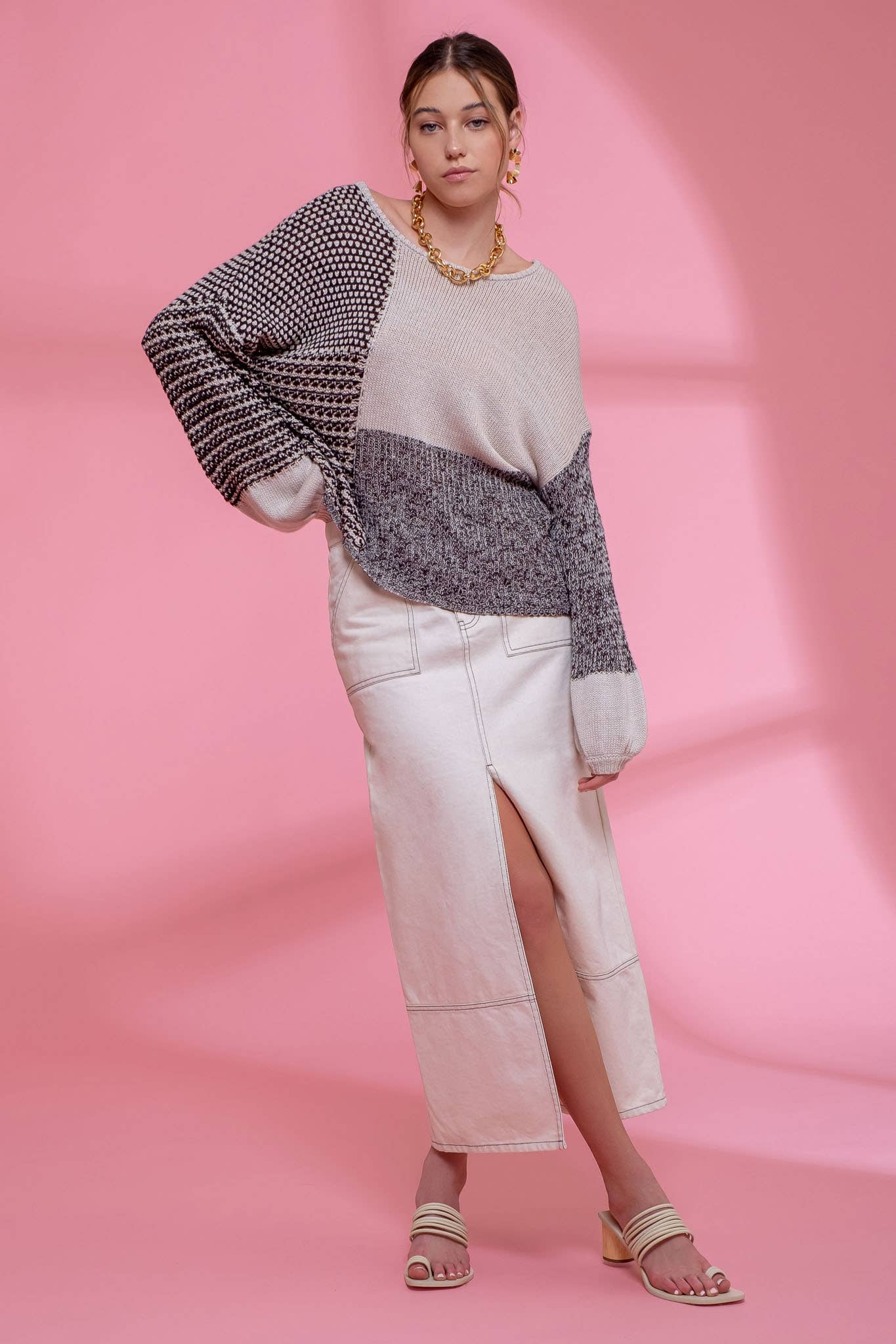 Blu Pepper Back Tie Colorblock Knit Sweater - Grey Multi - Rosie Karma
