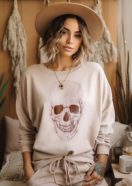 Beige skull sweater for women – cozy cotton blend sweatshirt with bold skull graphic, boutique edgy fashion by Rosie Karma