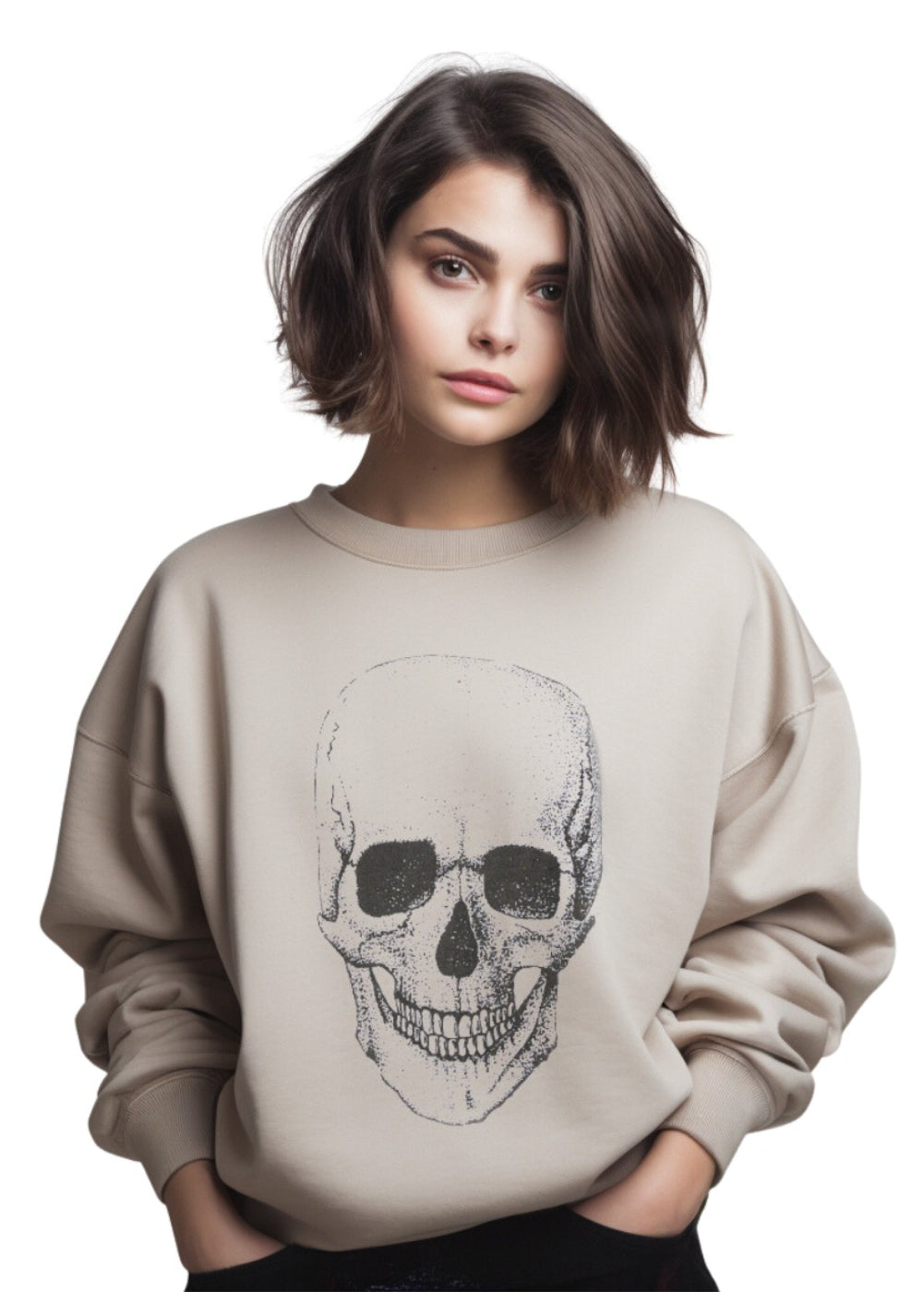 Beige skull sweater for women – cozy cotton blend sweatshirt with bold skull graphic, boutique edgy fashion by Rosie Karma