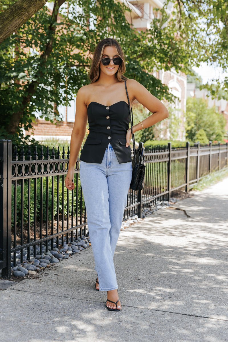Black Buttoned Tube Top | Sleek Strapless Statement Piece - FINAL SALE