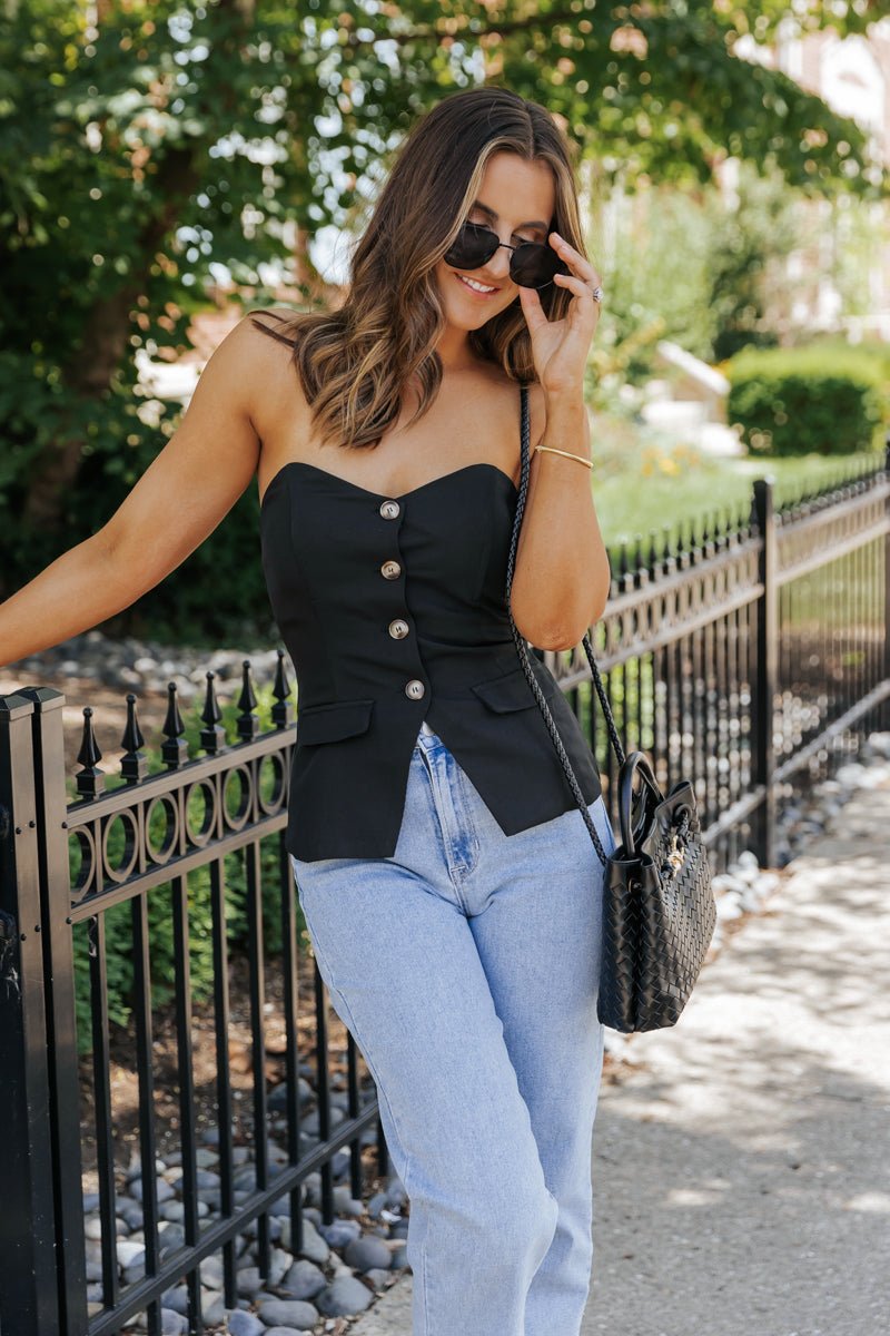 Black Buttoned Tube Top | Sleek Strapless Statement Piece - FINAL SALE