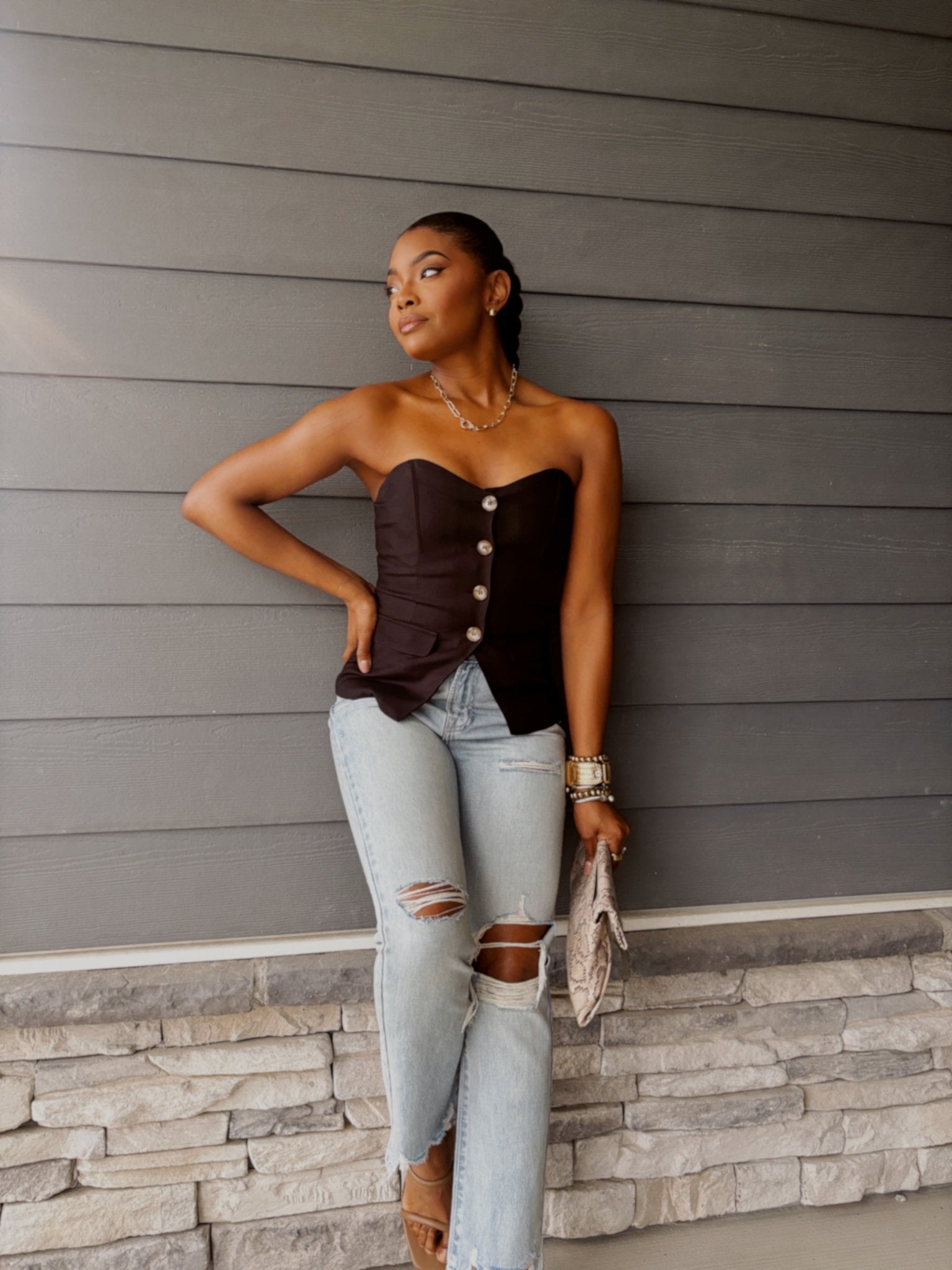 Black Buttoned Tube Top | Sleek Strapless Statement Piece - FINAL SALE