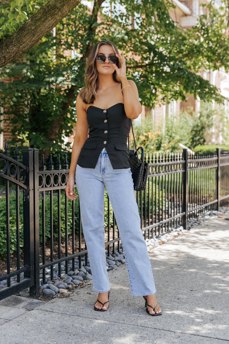 Black Buttoned Tube Top | Sleek Strapless Statement Piece - FINAL SALE