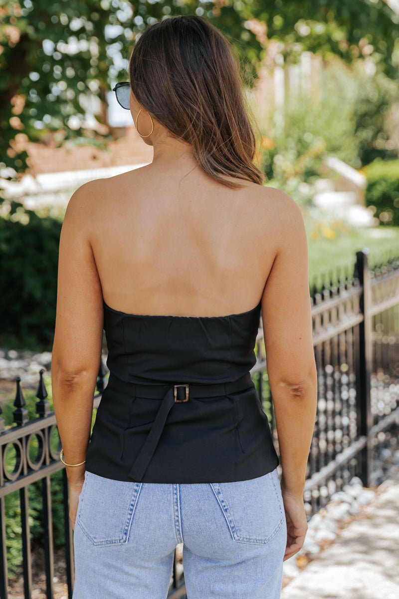 Black Buttoned Tube Top | Sleek Strapless Statement Piece - FINAL SALE