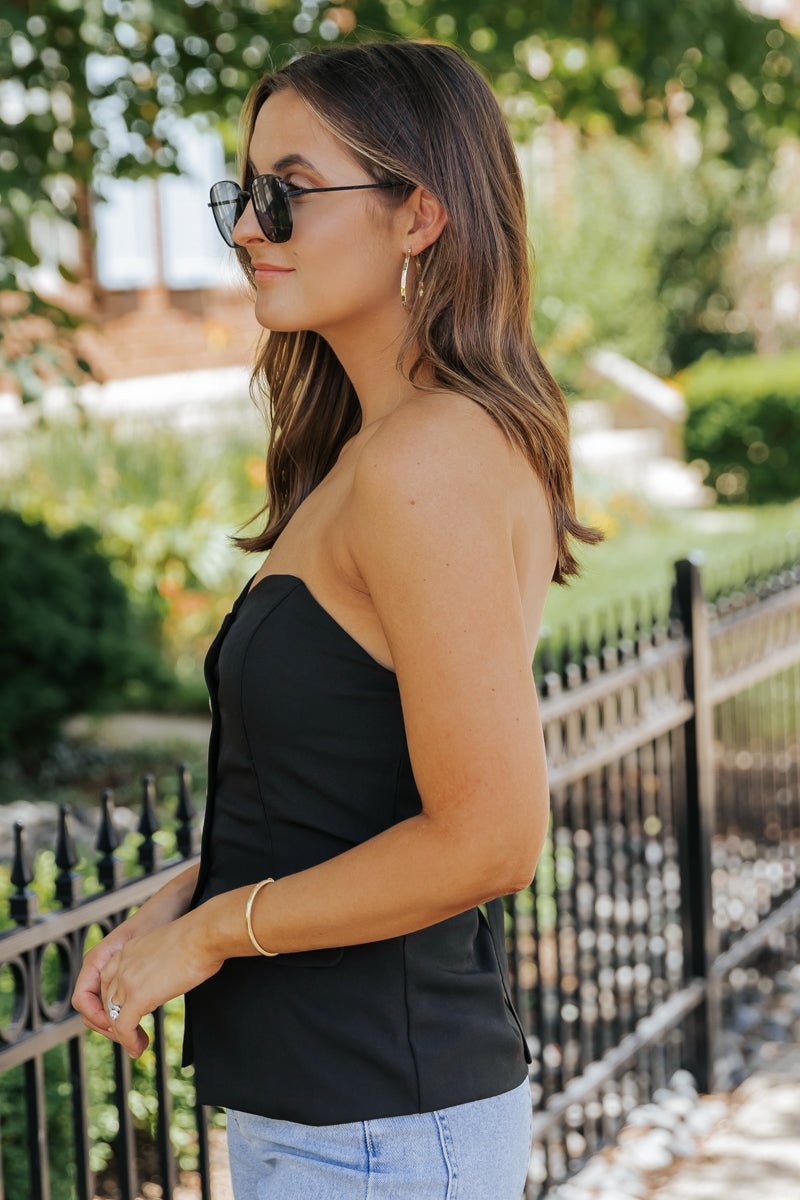 Black Buttoned Tube Top | Sleek Strapless Statement Piece - FINAL SALE